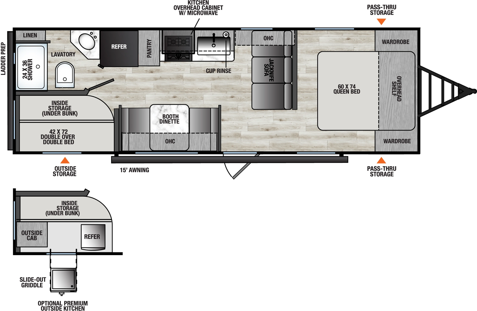 The Viking Travel Trailers 26BH floorplan has one entry and zero slide outs. Exterior features include: metal exterior, 15' awning and outside kitchen. Interiors features include: bunk beds and front bedroom.